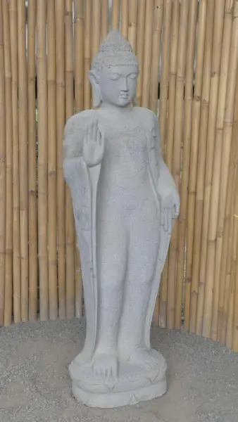 Product image 6 of the product “Standing Buddha with floral carving, Abudaya position. 48 x 34,5 x 151,5 cm. Natural stone (river stone), stonemasonry ”